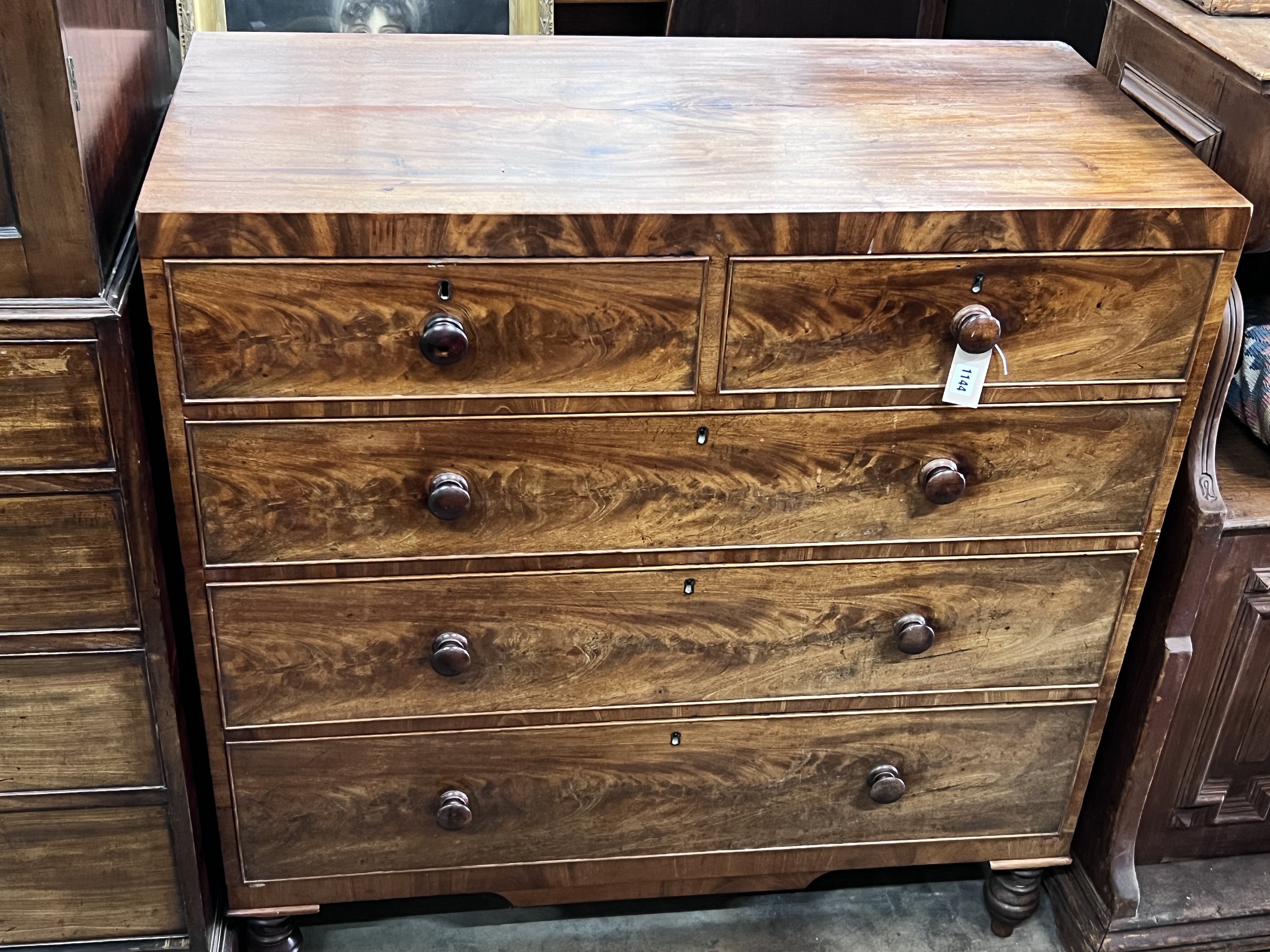 An early Victorian mahogany straight front chest of drawers, width 106cm, depth 52cm, height 109cm